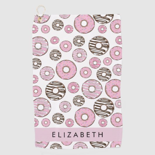 ピンクのドーナツ,白のドーナツ,ふりかけ,あなたの名前 ゴルフタオル (正面)