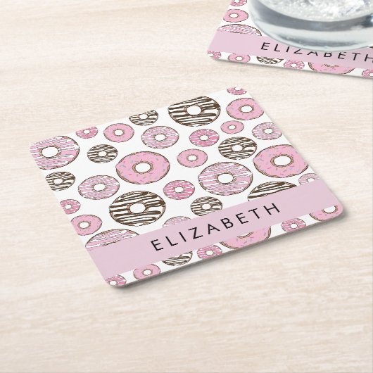 ピンクのドーナツ，白のドーナツ，ふりかけ，あなたの名前 スクエアペーパーコースター (アングル)