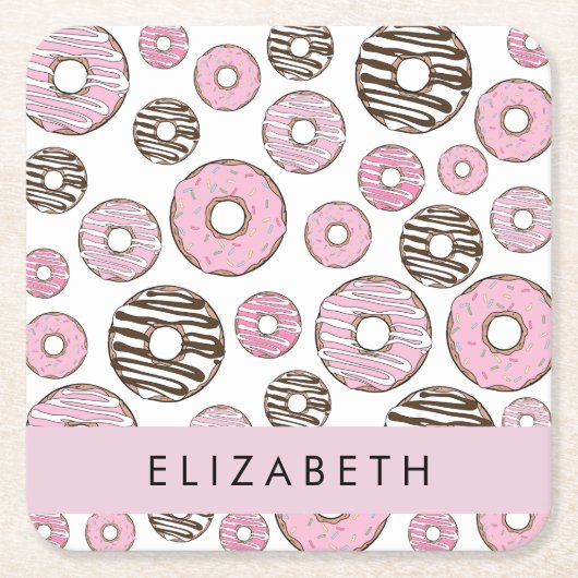 ピンクのドーナツ，白のドーナツ，ふりかけ，あなたの名前 スクエアペーパーコースター (正面)