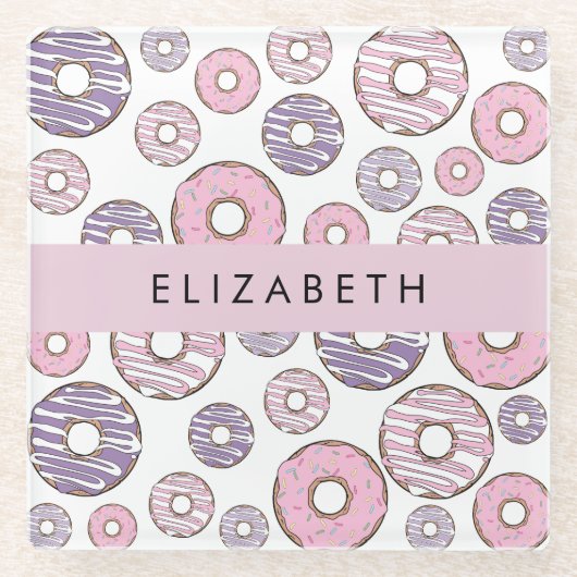 ピンクのドーナツ，紫のドーナツ，ふりかけ，あなたの名前 ガラスコースター (正面)