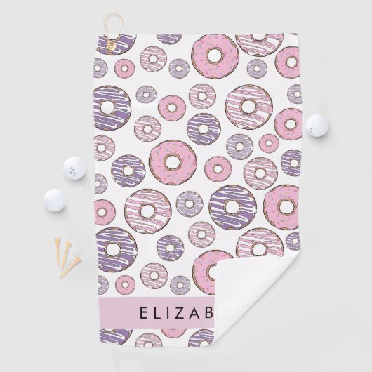 ピンクのドーナツ，紫のドーナツ，ふりかけ，あなたの名前 ゴルフタオル (インサイチュ)