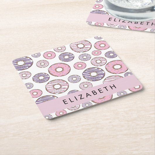 ピンクのドーナツ，紫のドーナツ，ふりかけ，あなたの名前 スクエアペーパーコースター (アングル)