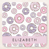 ピンクのドーナツ,紫のドーナツ,ふりかけ,あなたの名前 スクエアペーパーコースター (正面)