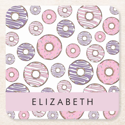 ピンクのドーナツ，紫のドーナツ，ふりかけ，あなたの名前 スクエアペーパーコースター (正面)