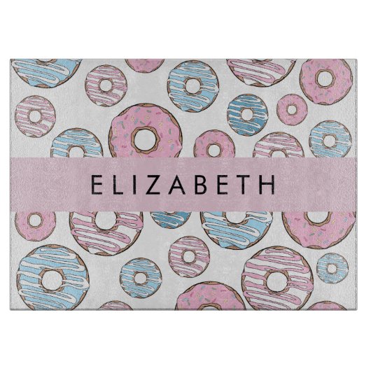 ピンクのドーナツ，青のドーナツ，ふりかけ，あなたの名前 カッティングボード (正面)