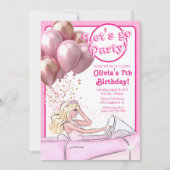 ピンクのドールカー誕生日パーティー 招待状 (正面)
