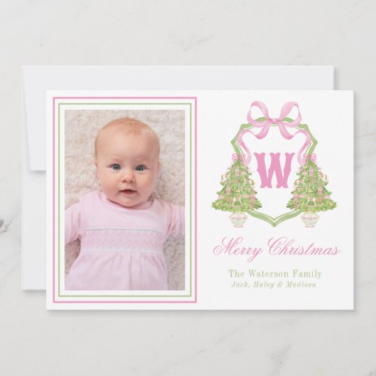 ピンクのナツクラッカークリスマスツリーモノグラムクレスト シーズンカード (正面)