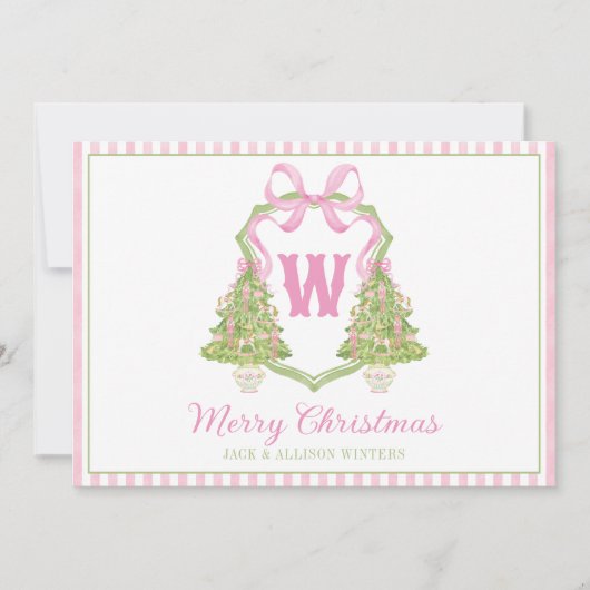 ピンクのナツクラッカークリスマスツリーモノグラムクレスト シーズンカード (正面)