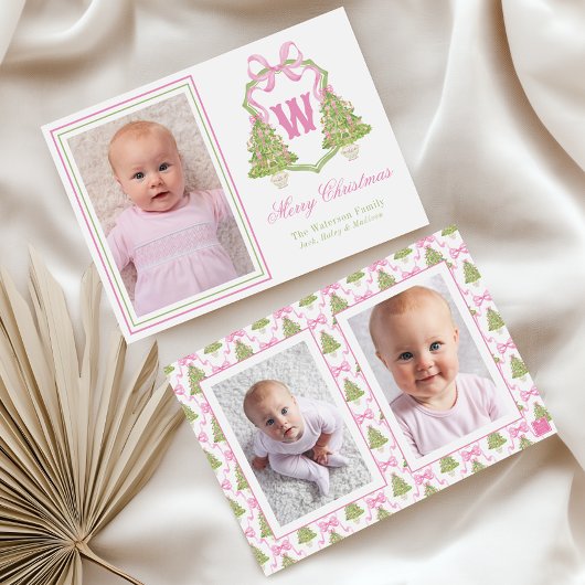 ピンクのナツクラッカークリスマスツリーモノグラムクレスト シーズンカード