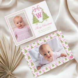 ピンクのナツクラッカークリスマスツリーモノグラムクレスト シーズンカード