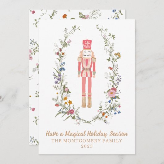 ピンクのナツクラッカーバレエ花クリスマスカード 招待状 (正面/裏面)