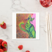 ピンクのナプキンに緑色の猫 スタンダードカクテルナプキン (インサイチュ)