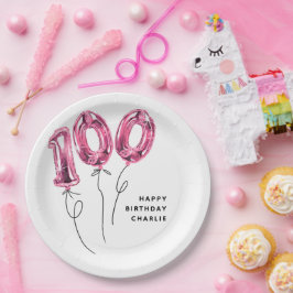 ピンクのナンバー風船でお祝い 100歳の誕生日 ペーパープレート