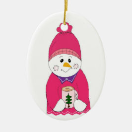 ピンクのニット帽をかぶった雪だるまの女の子 セラミックオーナメント