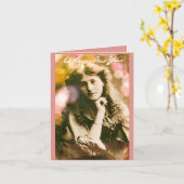 ピンクのニューヨールデーの女性 ヴィンテージ カード (黄色い花)