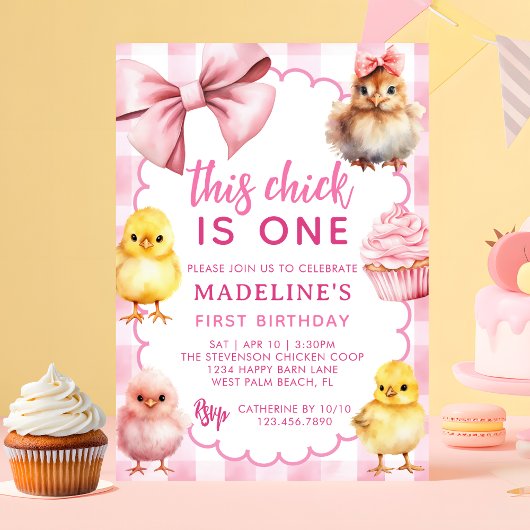ピンクのニワトリちゃん1歳の誕生日パーティー 招待状