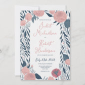 ピンクのネイビーウォーターカラー牡丹フローラつる植物結婚ズ 招待状 (正面)