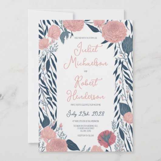 ピンクのネイビーウォーターカラー牡丹フローラつる植物結婚ズ 招待状 (正面)