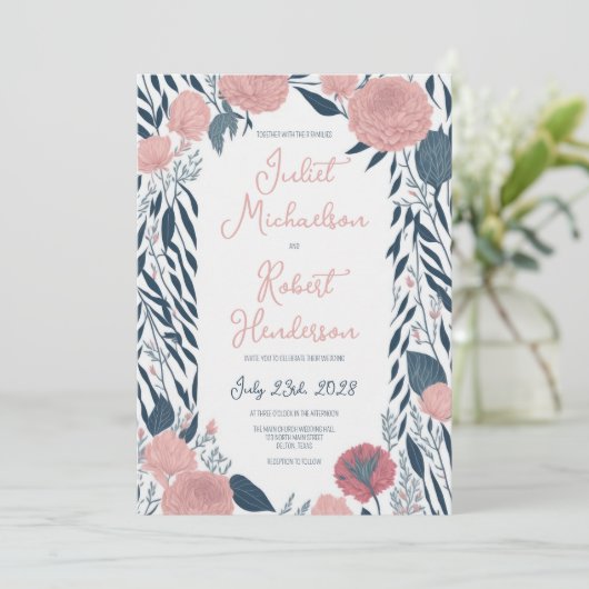 ピンクのネイビーウォーターカラー牡丹フローラつる植物結婚ズ 招待状 (スタンド正面)