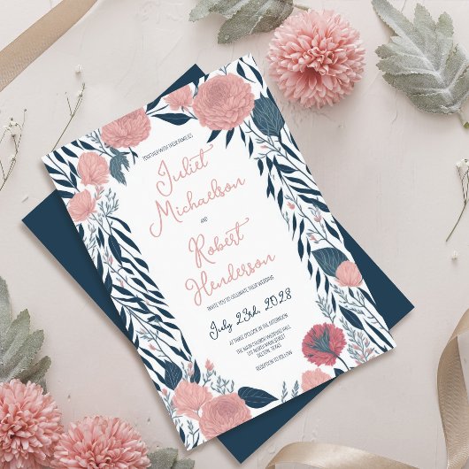 ピンクのネイビーウォーターカラー牡丹フローラつる植物結婚ズ 招待状