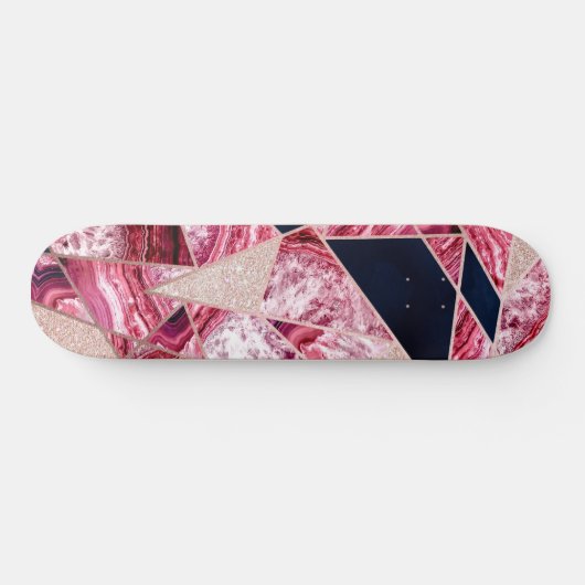 ピンクのネイビーグリッター瑪瑙フォイル幾何三角形 スケートボード (横)