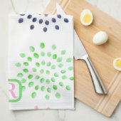 ピンクのネイビーグリーン花パターン水色モノグラム キッチンタオル (四つ折り)