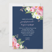 ピンクのネイビーブルーの水彩花結婚式 招待状 (正面)