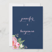 ピンクのネイビーブルーの水彩花結婚式 招待状 (裏面)