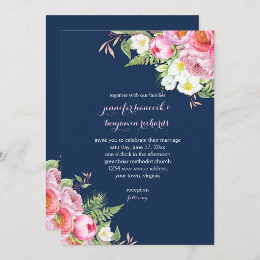 ピンクのネイビーブルーの水彩花結婚式 招待状 (正面/裏面)