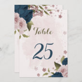 ピンクのネイビーブルーの花の植物表の番号カード 招待状 (正面/裏面)