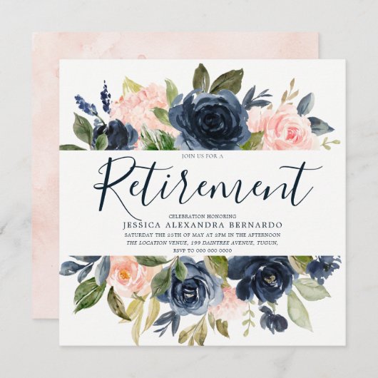 ピンクのネイビーブルーウォーターカラーフラワーズリタイアメントパーティー 招待状 (正面/裏面)