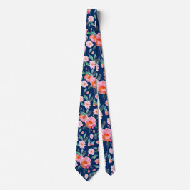 ピンクのネイビーブルーウォーターバラパタ結婚ーン ネクタイ