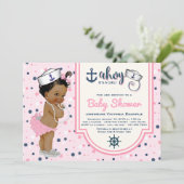 ピンクのネイビーブルーエスニックガール航海のベビーシャワー 招待状 (スタンド正面)