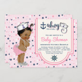 ピンクのネイビーブルーエスニックガール航海のベビーシャワー 招待状 (正面/裏面)