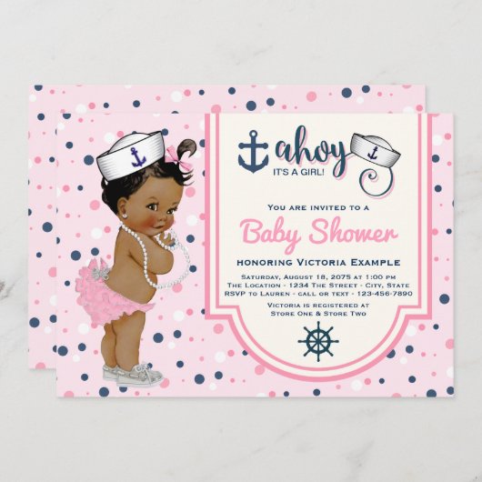 ピンクのネイビーブルーエスニックガール航海のベビーシャワー 招待状 (正面/裏面)
