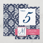 ピンクのネイビーブルーダマスク結婚式のテーブル番号 ポストカード (正面/裏面)
