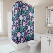 ピンクのネイビーブルーフローラブーケ水彩パターン シャワーカーテン (インサイチュ)