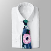 ピンクのネイビーブルーフローラブーケ水彩パターン ネクタイ (タイ)