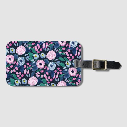 ピンクのネイビーブルーフローラブーケ水彩パターン ラゲッジタグ (正面横)