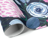 ピンクのネイビーブルーフローラブーケ水彩パターン ラッピングペーパー (ロールコーナー)