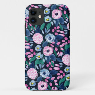ピンクのネイビーブルーフローラブーケ水彩パターン iPhone 11 ケース