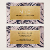 ピンクのネイビーブルー熱帯モノグラム名刺 (正面&裏面)