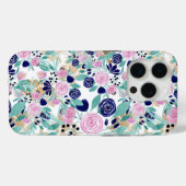 ピンクのネイビーブルー金ゴールド水彩花パターン Case-Mate iPhoneケース (裏面 (横))