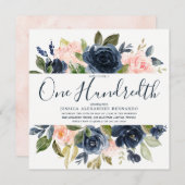 ピンクのネイビー水彩花100th誕生日パーティー 招待状 (正面/裏面)