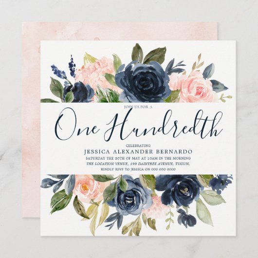 ピンクのネイビー水彩花100th誕生日パーティー 招待状 (正面/裏面)