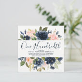 ピンクのネイビー水彩花100th誕生日パーティー 招待状 (スタンド正面)