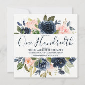 ピンクのネイビー水彩花100th誕生日パーティー 招待状 (正面)