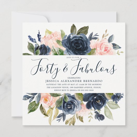 ピンクのネイビー水彩花40th誕生日パーティー 招待状 (正面)