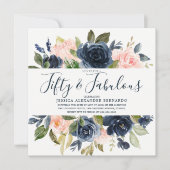 ピンクのネイビー水彩花50th誕生日パーティー 招待状 (正面)