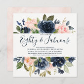 ピンクのネイビー水彩花80th誕生日パーティー 招待状 (正面/裏面)